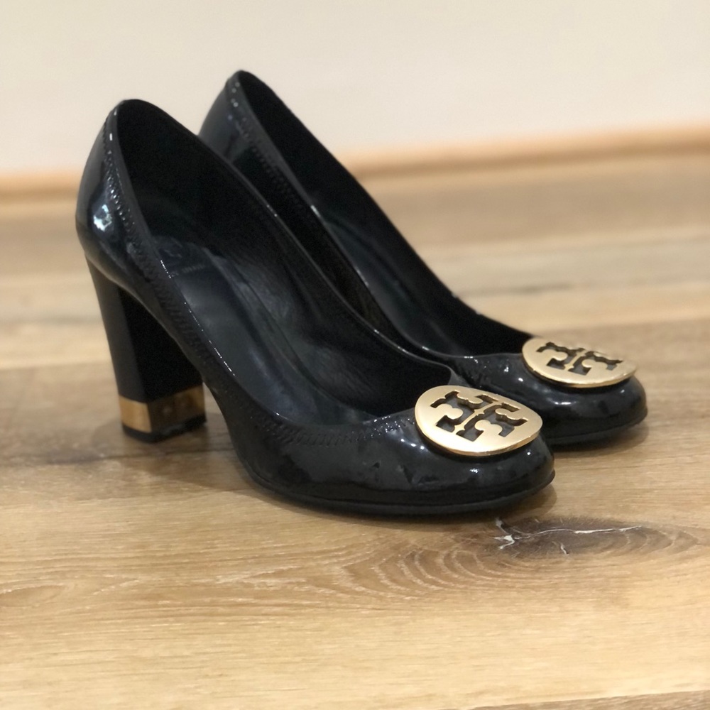 Tory Burch black patent leather heels with gold hardware